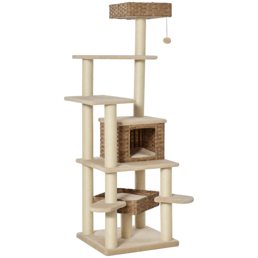 Rattan Kratzbaum mit Katzenhöhle Mehrstufiger Katzenbaum Kletterbaum für Katzen E1 MDF Sisal Beige+Braun 55 x 55 x 174 cm