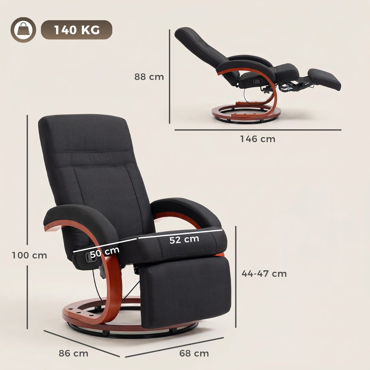 Relaxsessel mit Liegefunktion Fernsehsessel mit hoher Rückenlehne ergonomische Armlehne Fußstütze Holzbasis Leinenoptik