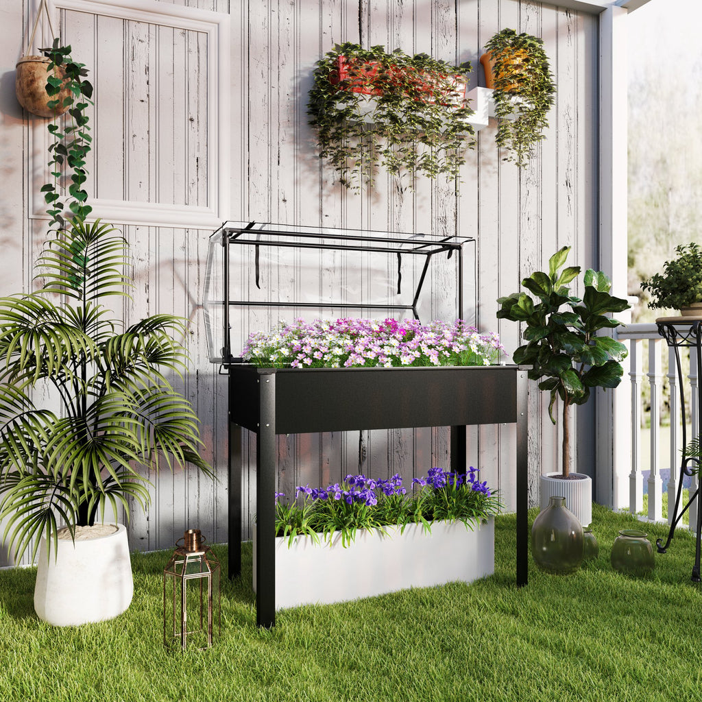 Hochbeet mit Gew?chshaus-Dach, Erh?hte Pflanzenbox mit Ablaufl?chern, 100 x 48 x 124 cm, Schwarz