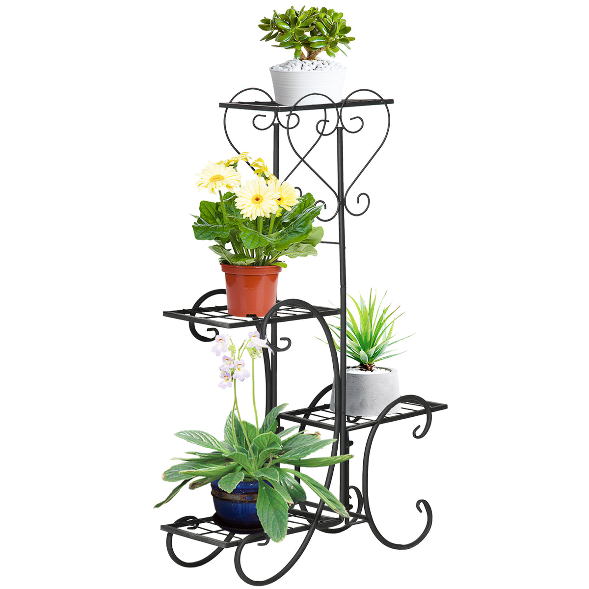 Blumenständer Blumenregal aus Metall 4 Ebenen Pflanzenregal Blumentreppe Blumenständer für innen und außen Garten Balkon Schwarz 45 x 24,5 x 80 cm