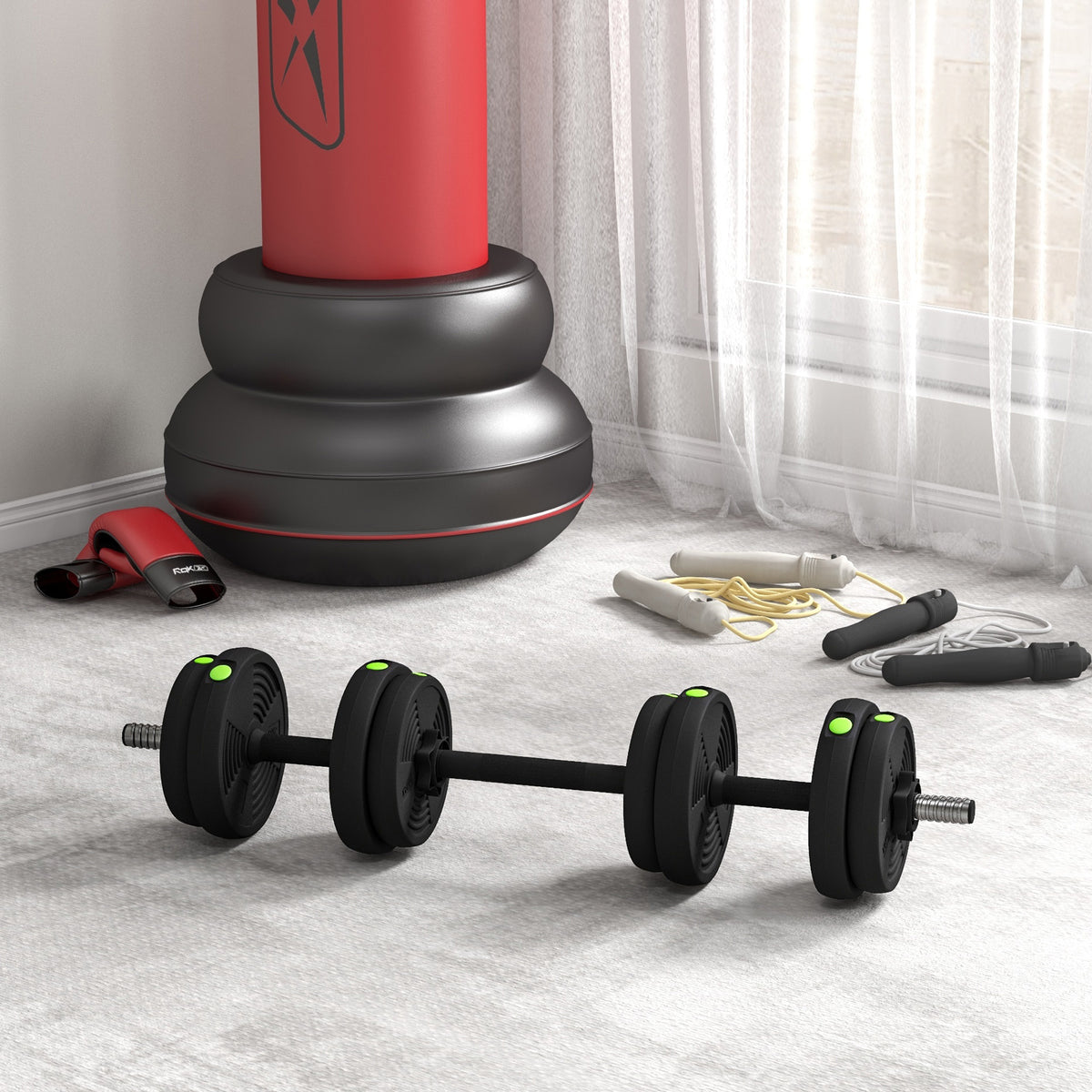 Adjustable Weight Barbell & Dumbbells Set Free Weights Strength Muscle Exercise Home Gym Training, Black and Green