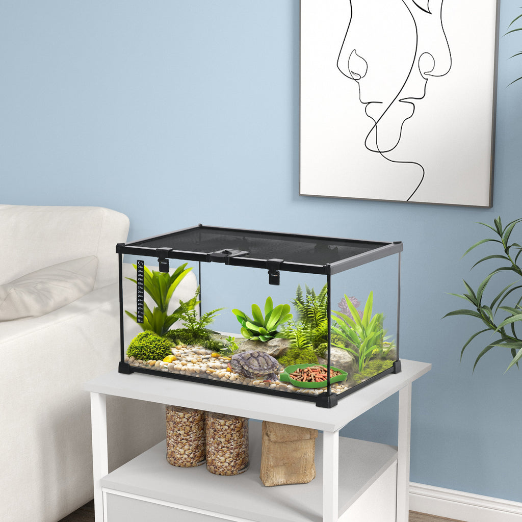 Reptilienbox Terrarium, inkl. Streifenthermometer, Fütterungsklappen, 50 cm x 30 cm x 25 cm, Glas + Metall, Schwarz