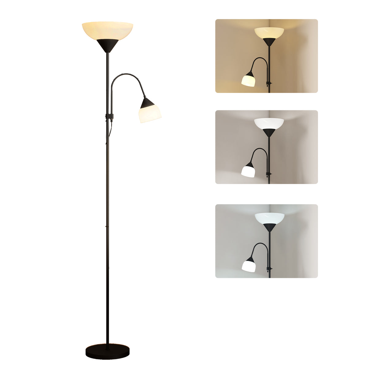 Uplighter, Mutter-und-Kind-Stehlampe, hohe Lampe mit 3 Farbtemperaturen und flexiblem Schwanenhals, Schwarz