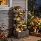 Springbrunnen 5-stufig Gartenbrunnen mit LED Beleuchtung Steinoptik Pumpe, Verstellbar 31 x 25,5 x 72 cm