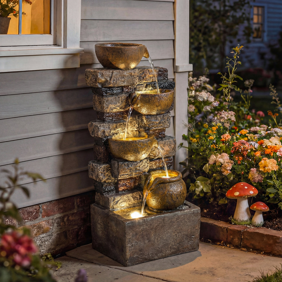 Springbrunnen 5-stufig Gartenbrunnen mit LED Beleuchtung Steinoptik Pumpe, Verstellbar 31 x 25,5 x 72 cm