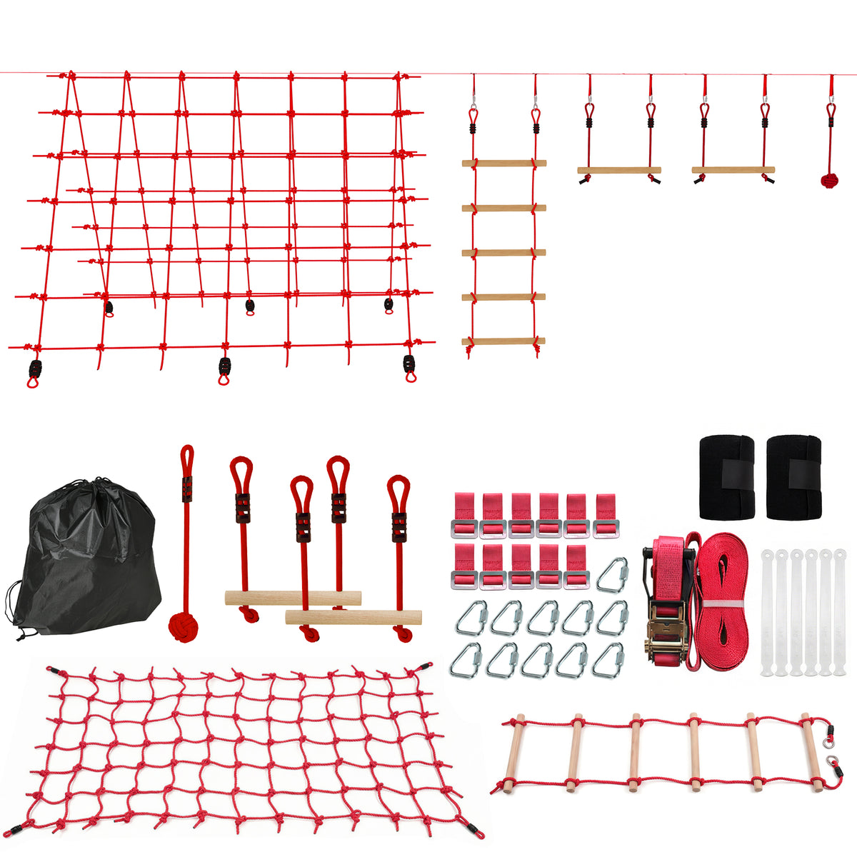 Ninja Line Kinder 10m Slackline Set mit Turnringe Schaukel Kletterleiter Kletternetz für 3-6 Jahre 1000x300x180 cm Rot