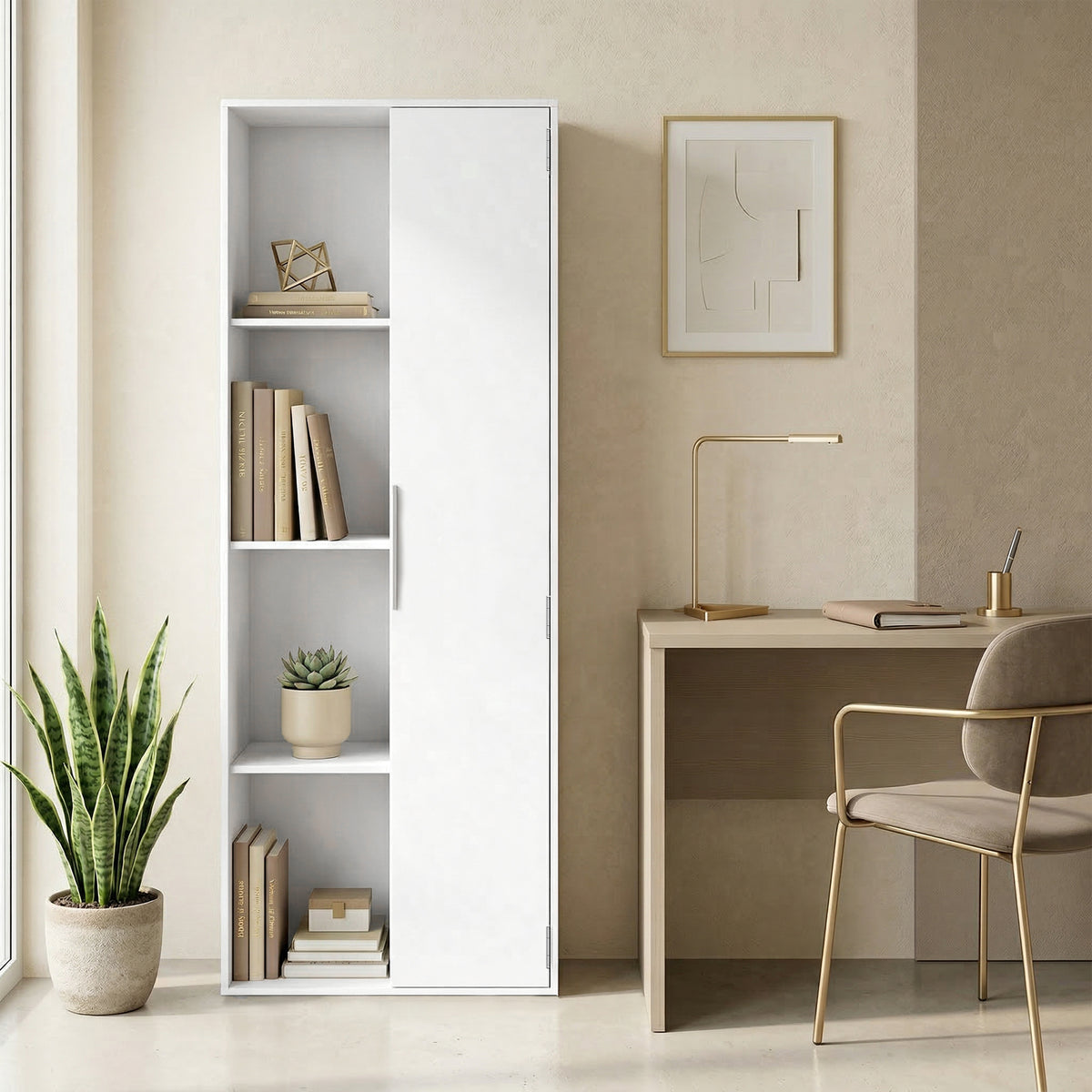 4-stöckiges Bücherregal mit verstellbaren Regalböden, Regal mit Schrank und Türen für Wohnzimmer, Arbeitszimmer, Weiß