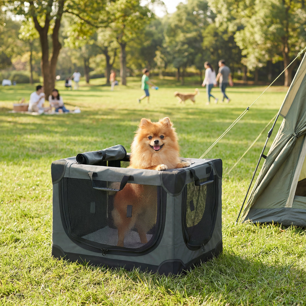 Soft Dog Crate Pet Travel Crate 60 x 42 x 43 cm with Removable Pad Mesh Window Army Green