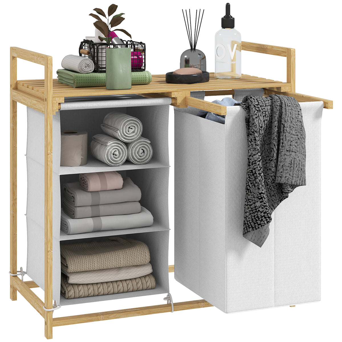 Wäschekorb mit Wäschesack, Stoffschublade, Bambus, 70x36x70 cm, Weiß/Holz