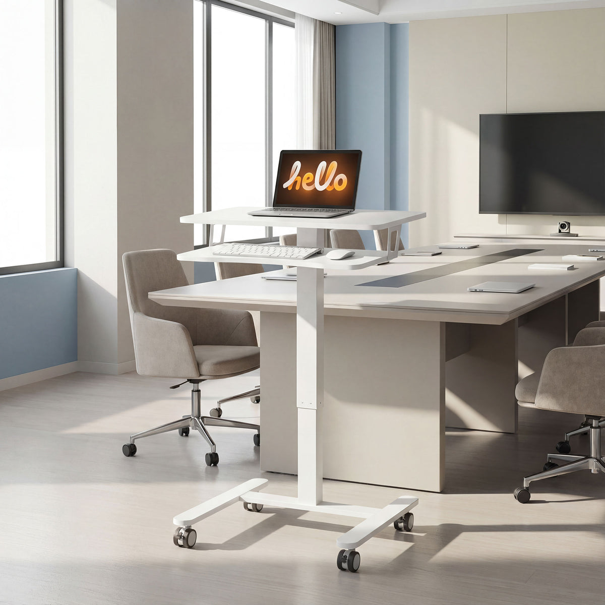 Höhenverstellbarer Stehschreibtisch, Rollbarer Sit-Stand-Schreibtisch mit Tastaturablage, Rollen und Stahlrahmen, Weiß