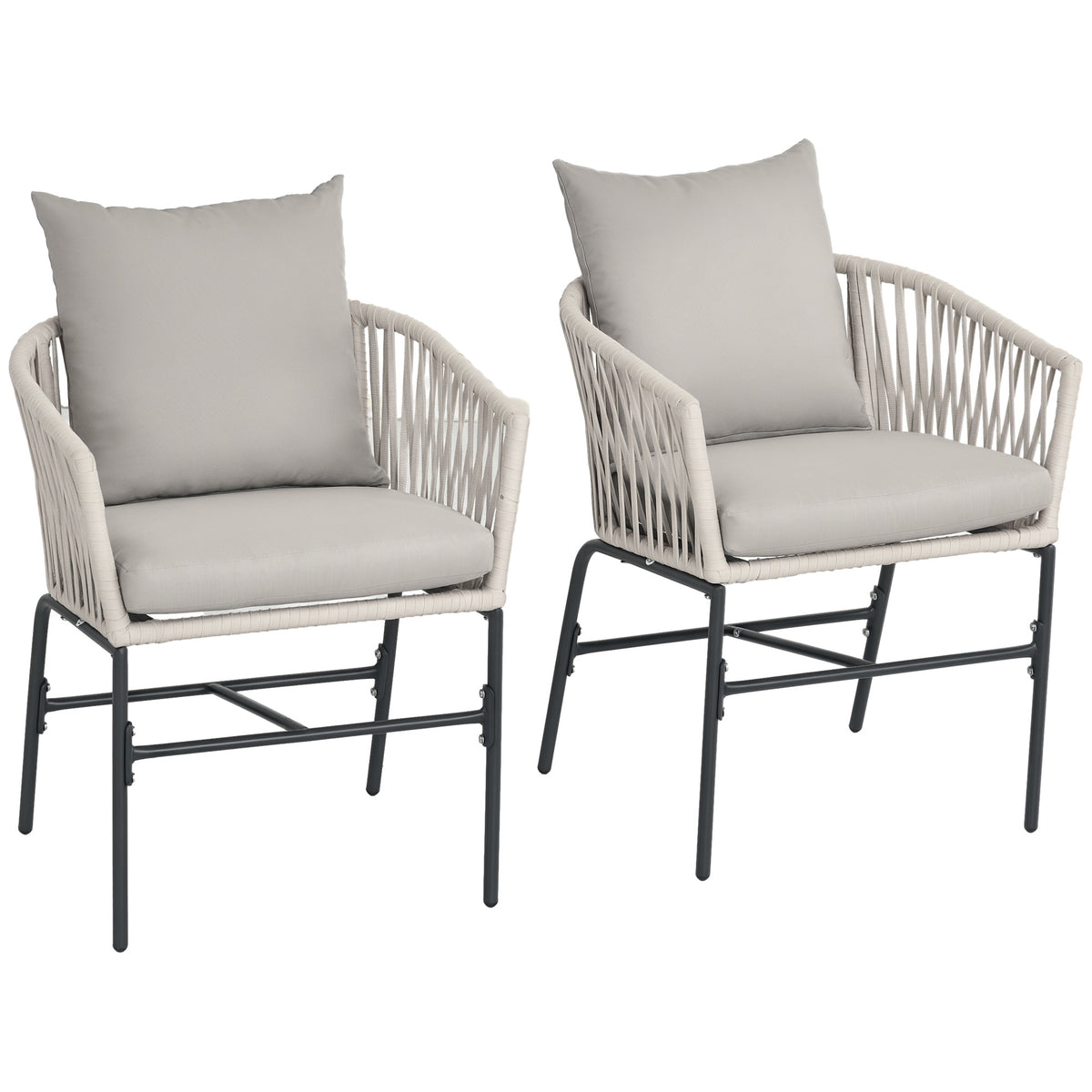 Terrassenstuhl 2er-Set, Boho-Stil, bequeme Sitzschale, Sitzauflagen, waschbarer Bezug, Metallrahmen, Beige