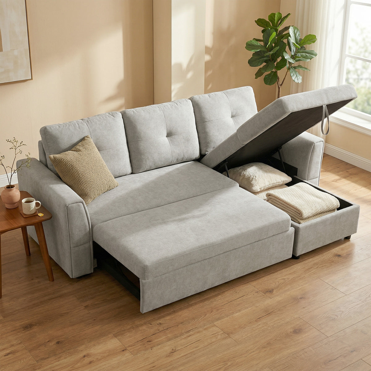 3-Sitzer-Sofa mit Bettfunktion, Schlafsofa mit Chaiselongue, Polstersofa, Grau
