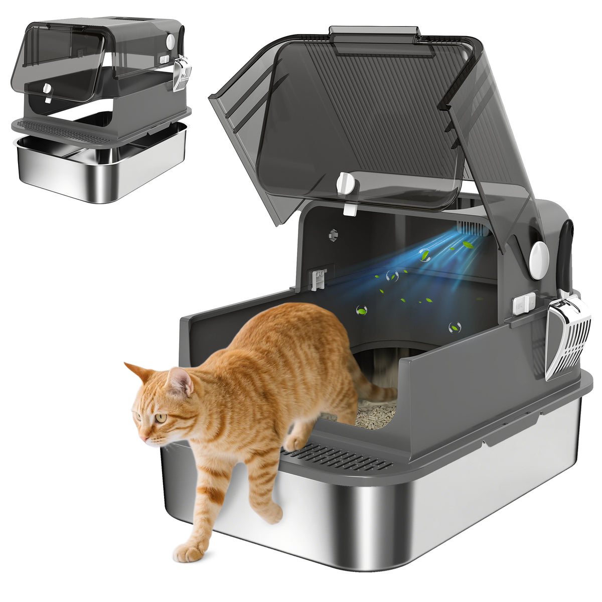 Katzenklo Edelstahl mit Deckel XXL 72L für große Katzen und Mehrere Katzen mit Doppeltüren Schaufel Pedal Anti-Leck