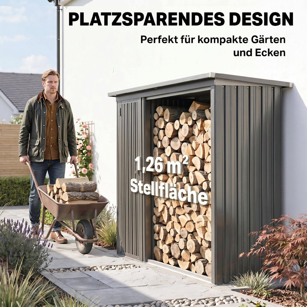 2-in-1 Kaminholzregal Außen verzinkter Stahl 235 x 67 x 149 cm Brennholzregal mit Geräteschrank Schrägdach Dunkelgrau