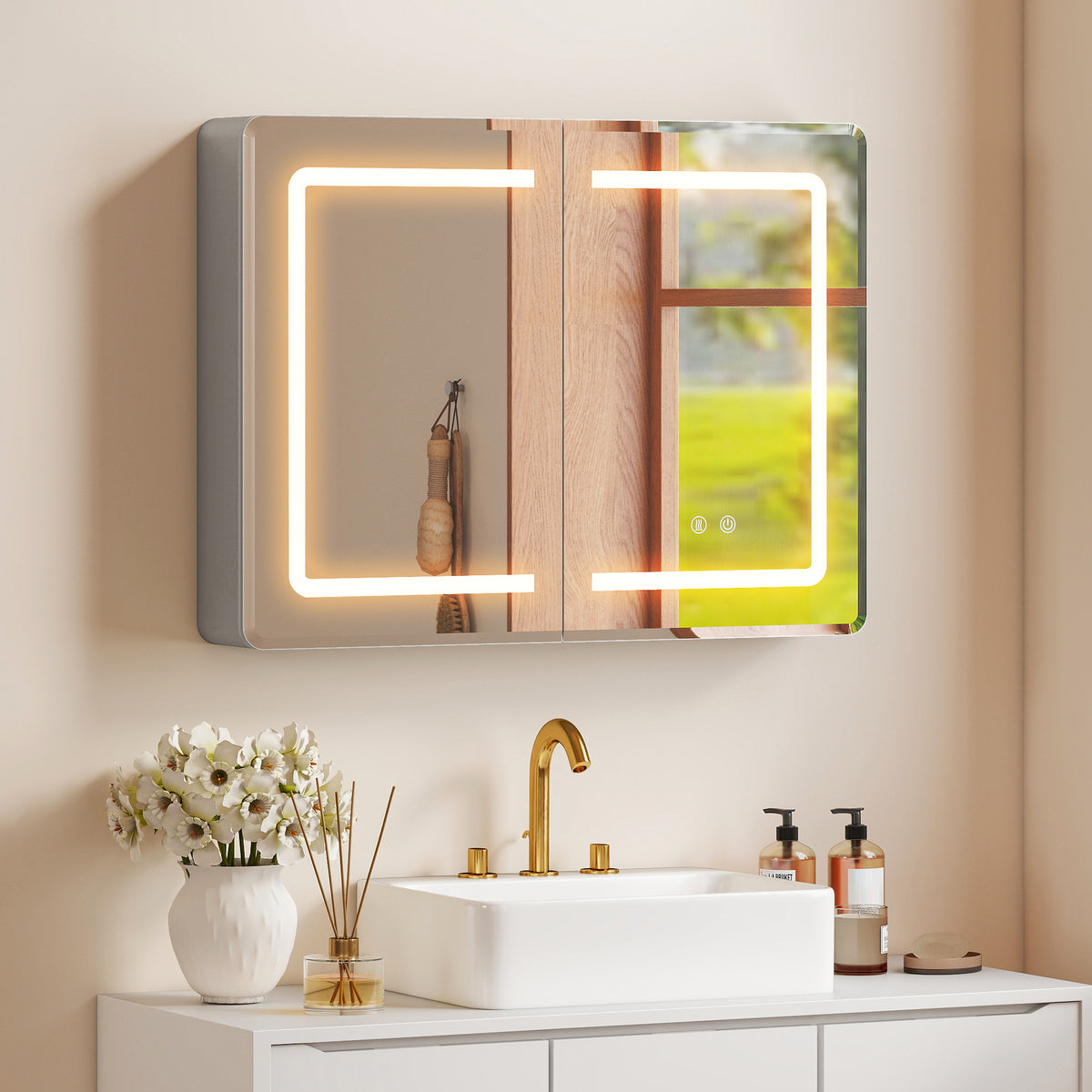 Mirrored Bathroom Cabinet with LED Lights, 60 x 80 cm Bathroom Mirror Cabinet with Anti-Fog, 3 Colour Dimmable Lighting