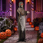170cm Animated Grim Reaper, Life-Size Halloween Animatronic with Moving Hands/Head, Glowing Eyes, Creepy Sound