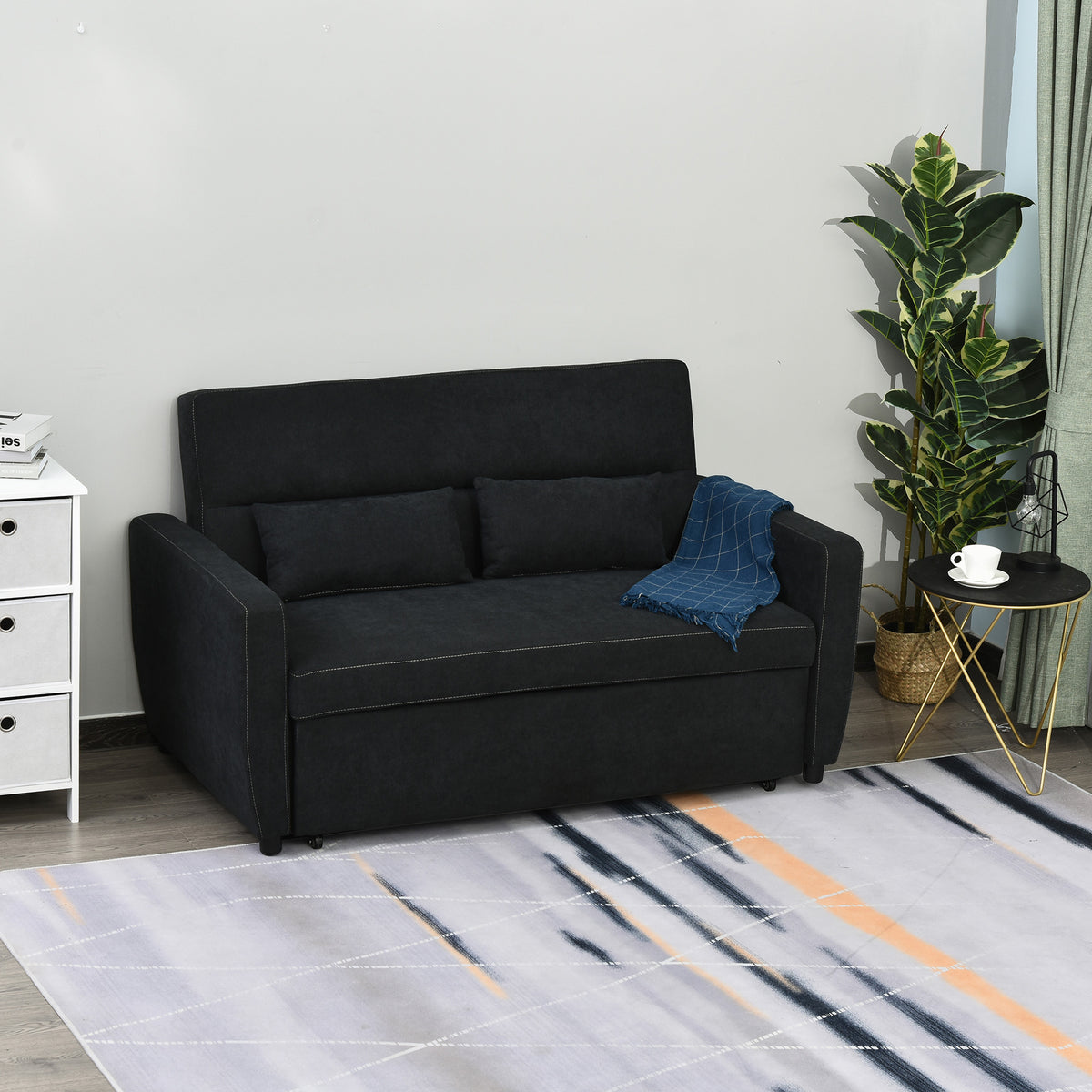 2-Sitzer Sofa mit Bettfunktion, Verstellbarer R¨¹ckenlehne, Polstersofa, Samtoptik, f¨¹r Wohnzimmer, Schlafzimmer, Schwarz