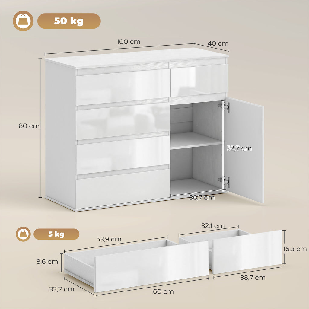 Modernes Sideboard, Stauraum-Sideboard mit 5 Schubladen, verstellbarem Regal, Soft-Close-Tür, Weiß Hochglanz