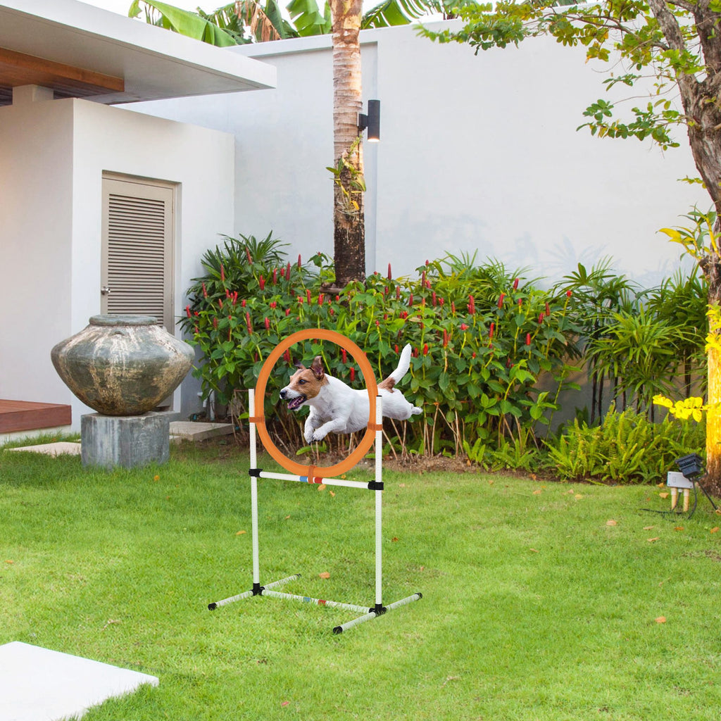 Agility Sprungring für Hunde, Agility Set Hunde, Agility Ring 2 in 1 Sprungringstange mit Tragetasche Kunststoff 74,5 x 66 x 91 cm Weiß+Orange