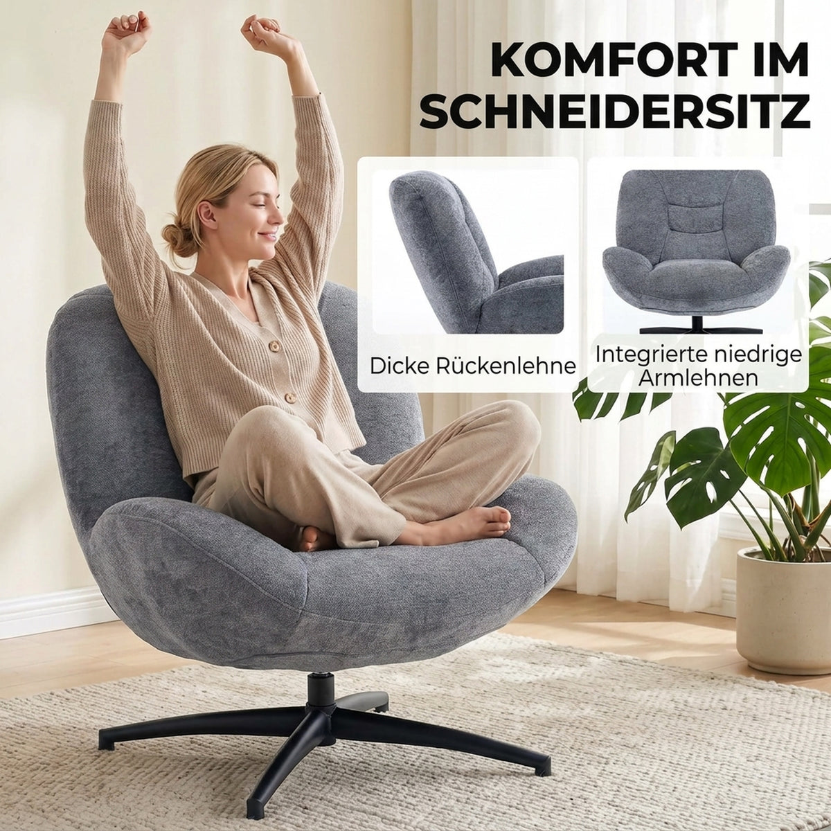 Sessel Wohnzimmer Drehbar Loungesessel mit Breiter Sitzfläche, Integrierter Armlehne, Chenille-Optik, Dunkelgrau