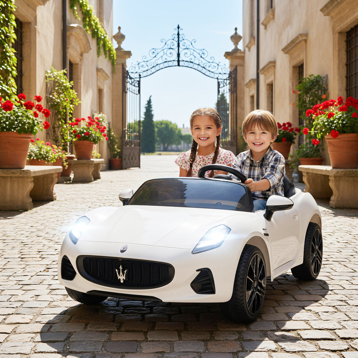 Maserati Elektroauto f¨¹r Kinder, 2-Sitzer, 12V Batteriebetrieb, Fernbedienung, LED-Lichter, Musikfunktion, Wei?