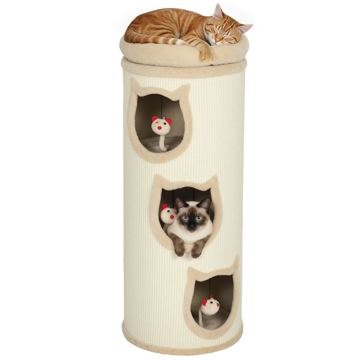 Katzenkratzfass, 96 cm, 4-Ebenen-Katzenturm mit waschbarem Bett, 3 Schlafhöhlen, Hängespielzeug, für mehrere Katzen Grau