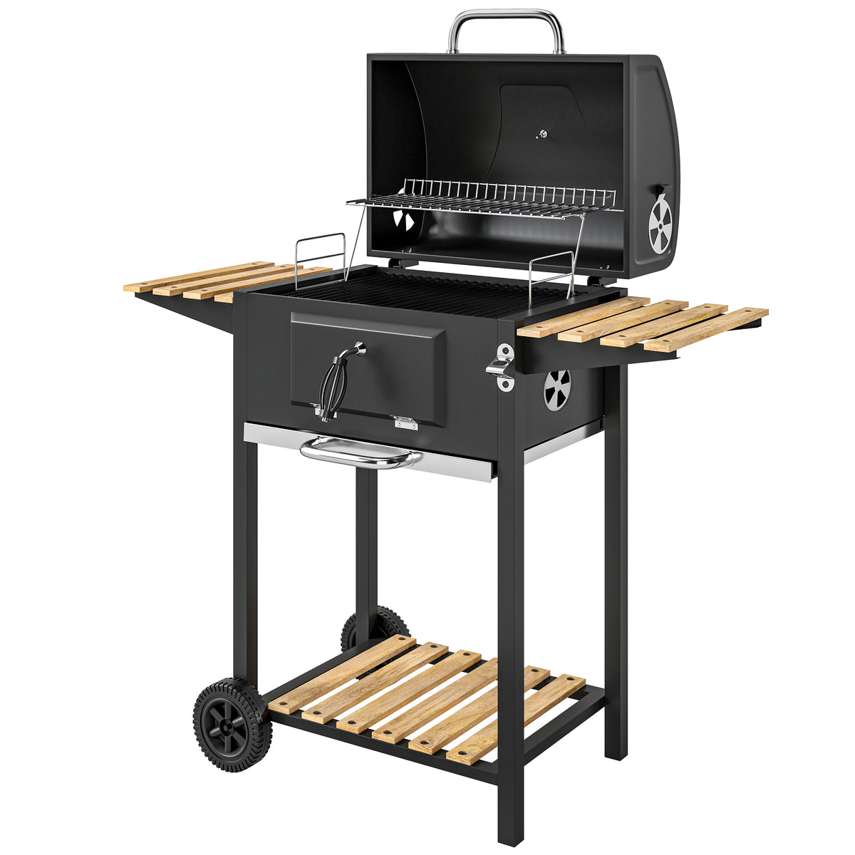 Holzkohlegrill, höhenverstellbare Kohlenpfanne, Grillwagen, Regale, Thermometer, Flaschenöffner, Stahl, Holz, Schwarz