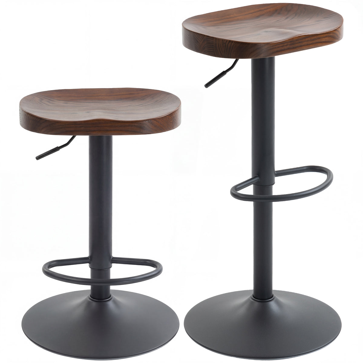 Bar Stools Set of 2 Adjustable Swivel Counter Height Chairs with Elm Wood Seat Dark Brown