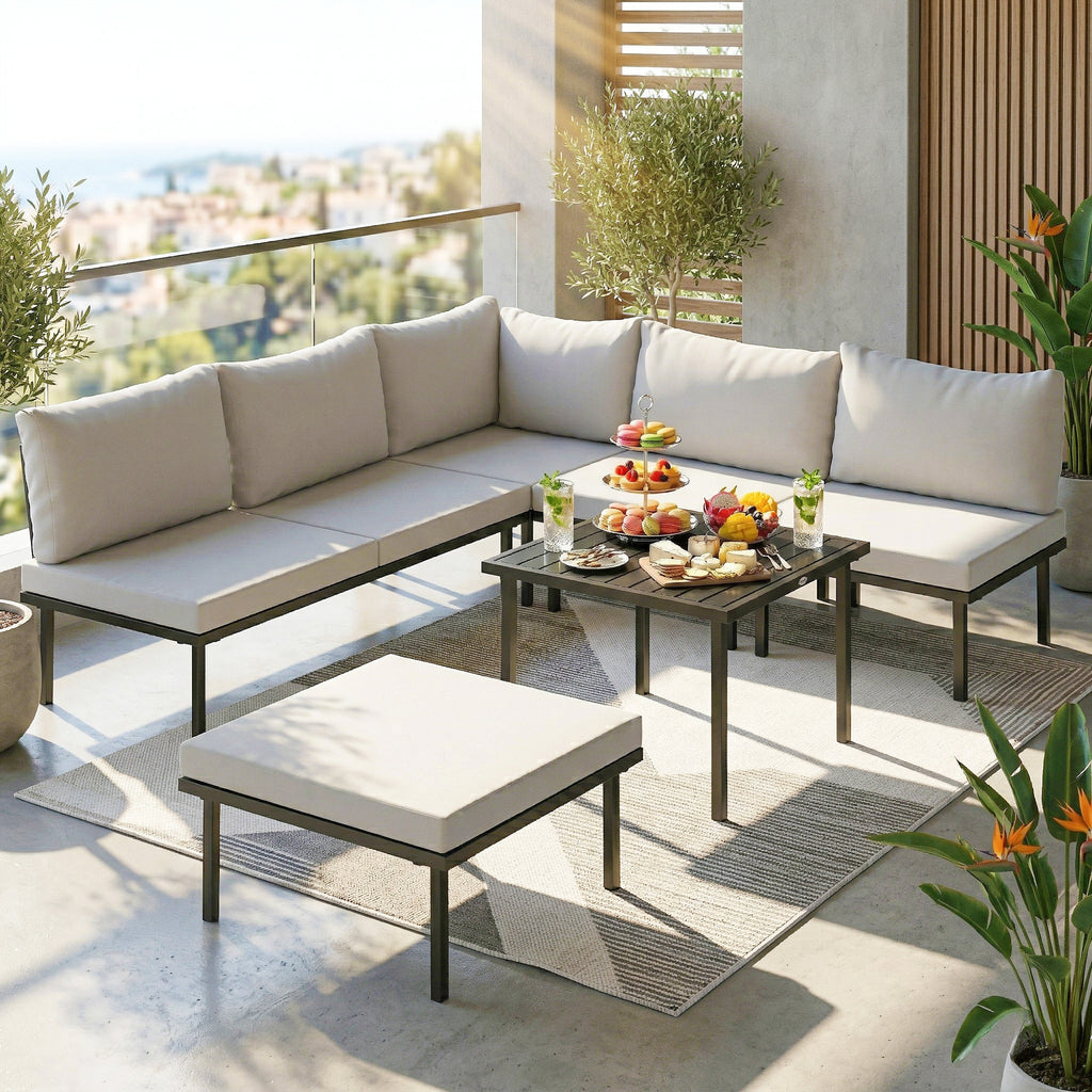 Lounge Gartenmöbel Set 5-6 Personen Gartenlounge Set mit 2 Sitzer Gartensofa 2 Stühle Eckstuhl Lamell-Tisch Fußhocker
