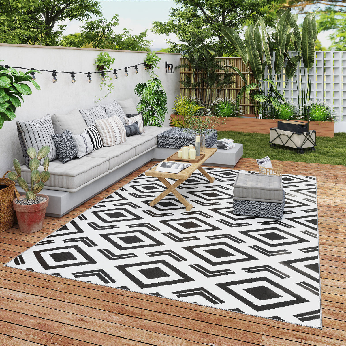 Outdoor Teppich robuster Wetterfest Outdoorteppich mit Tragtasche, faltbar Carpet Boho-Style 182 x 274 cm Schwarz+Wei?