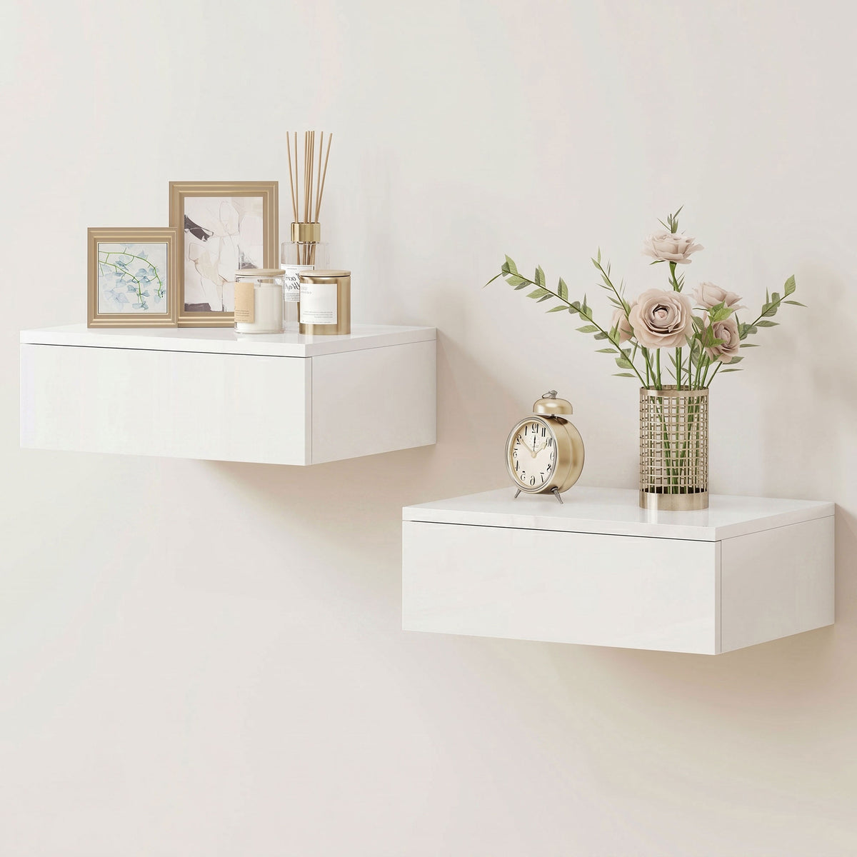 Floating Bedside Table Set of 2, Wall-Mounted Nightstand with High Gloss Finish & Storage Drawer, White