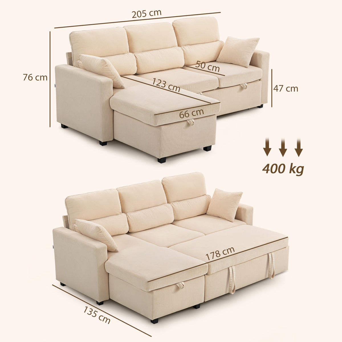 Verstellbares Bettsofa, L-f?rmiges G?stesofa mit Bettfunktion, Stauraum, Kissen, f¨¹r Wohnzimmer, G?stezimmer, Beige