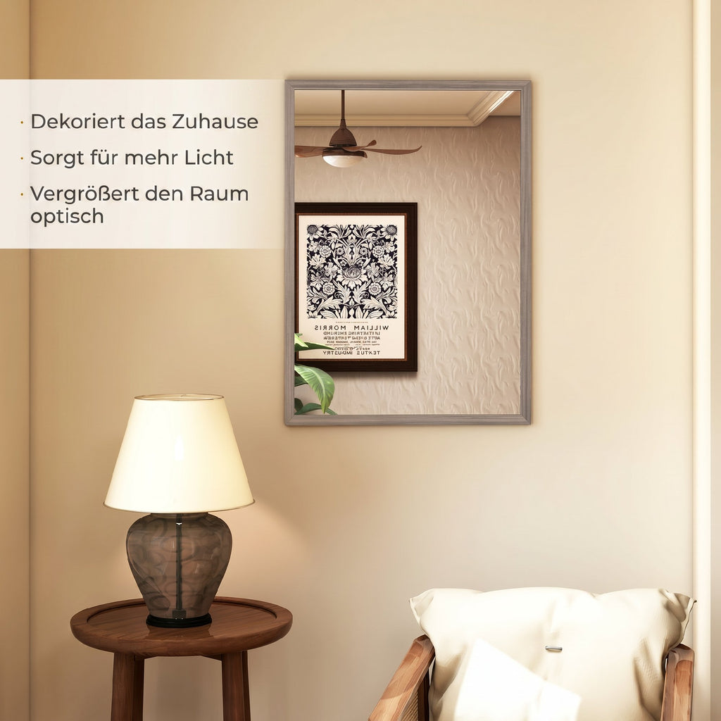 Wall Bathroom Mirror, 50 x 70 cm Wall-Mounted Mirror for Living Room, Bedroom, Hallway, Grey