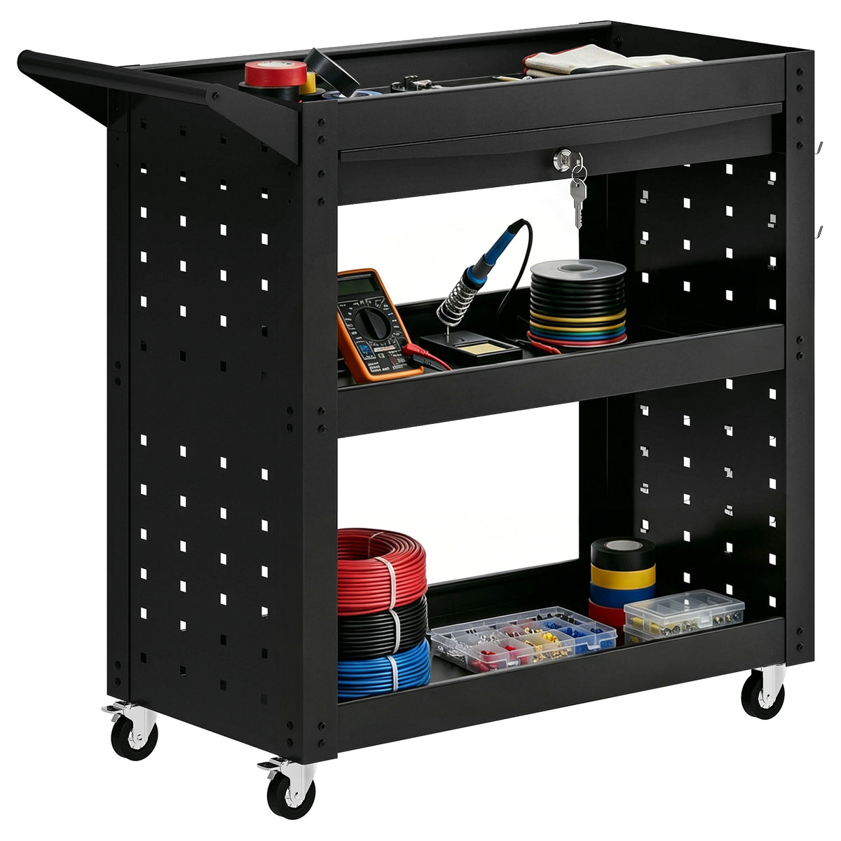 Tool Cart with Lockable Wheels, Rolling Workshop Cart with 3-Tier Trays, Drawer, Pegboards, Black