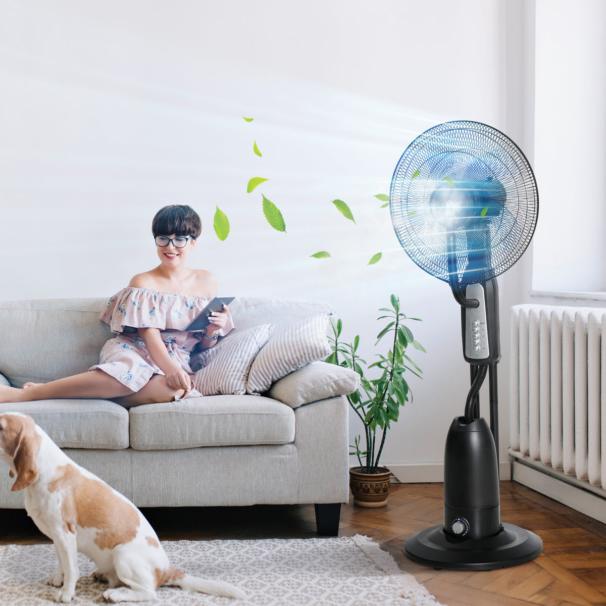 Ventilator mit Wasserkühlung, Standventilator mit Verstellbar Sprühnebel, 3 Geschwindigkeiten, 2,8 L Wassertank, 70° oszillierend, 90 W Wasserventilator mit Rollen, 120 cm