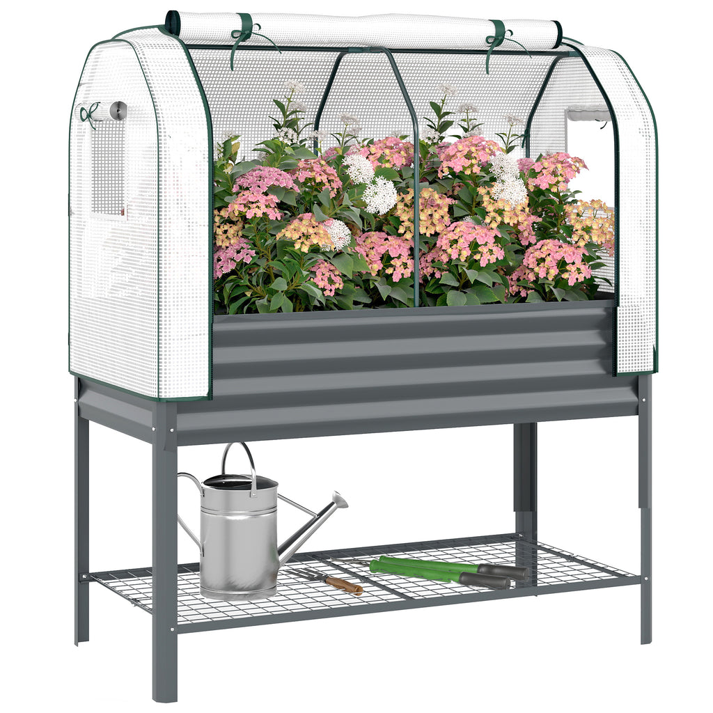 Galvanised Raised Planter with Greenhouse Cover, Metal Raised Garden Bed on Legs with Bed Liner and Bottom Shelf