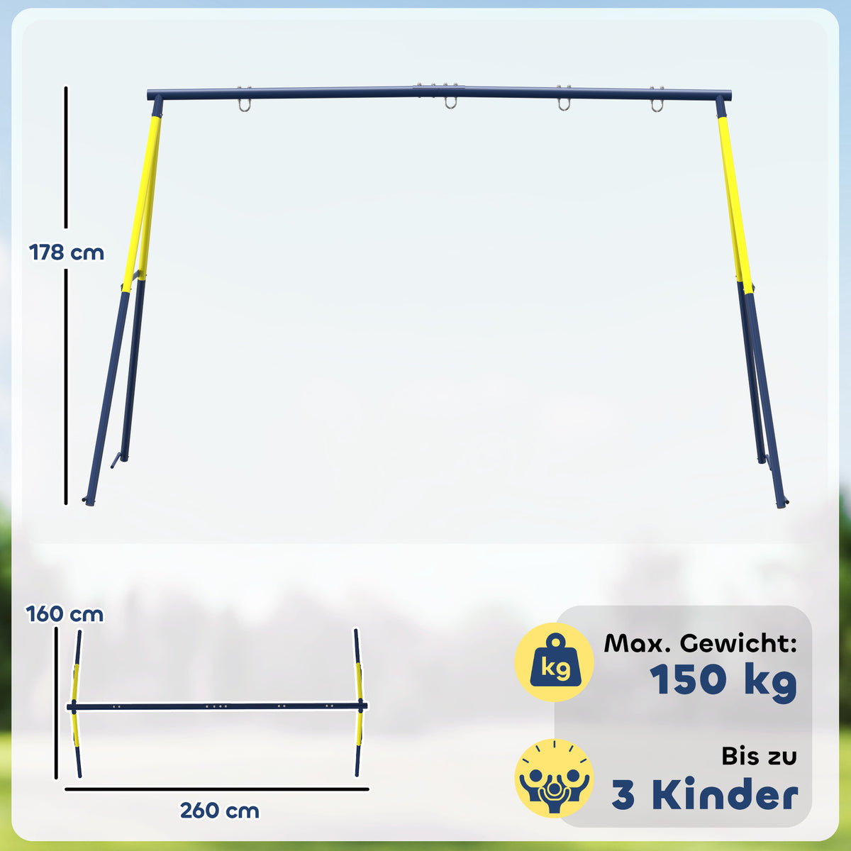 Schaukelgestell Stahl Schaukelgerüst bis 150 kg für Nestschaukel Kinderschaukel Kletterleiter, 260 x 160 x 178 cm, Blau