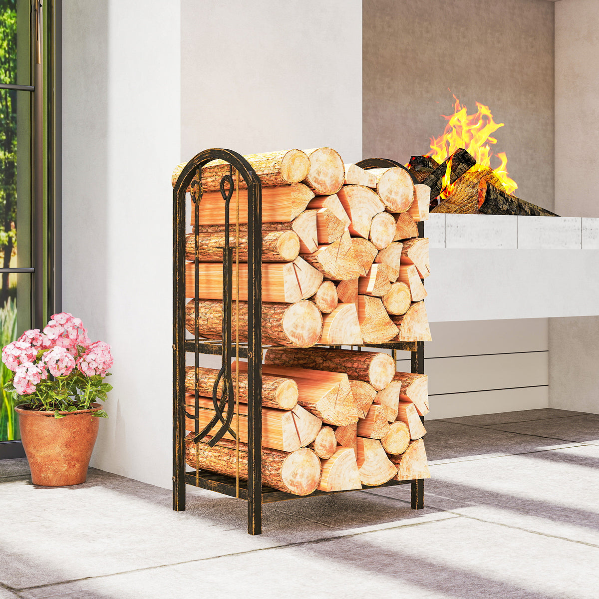Kaminholzregal für innen 43 x 30 x 74cm 2 Ebenen Brennholzregal mit 4 Kaminwerkzeug, Haken