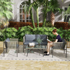 4-teiliges Gartenmöbel-Set, 1 Sofa, 2 Sessel, 1 Tisch mit Glasplatte, Kissen, Stahlrahmen, Kunststoff-Rattan, Grau
