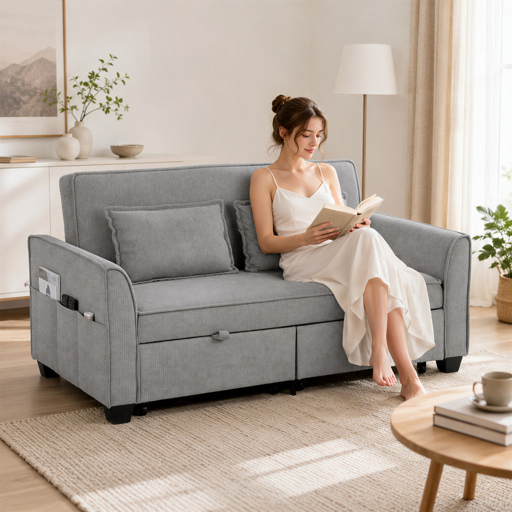 2-Sitzer-Schlafsofa, 4-in-1 L-förmiges Ausziehsofa mit verstellbarer Rückenlehne und Seitentaschen, Grau