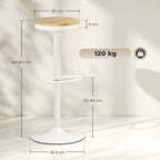 Barhocker 2er Set, Höhenverstellbar 360° Drehbar Barstuhl mit Stahlgestell Fußstütze 38,5x38,5x60-80 cm Naturholz+Weiß
