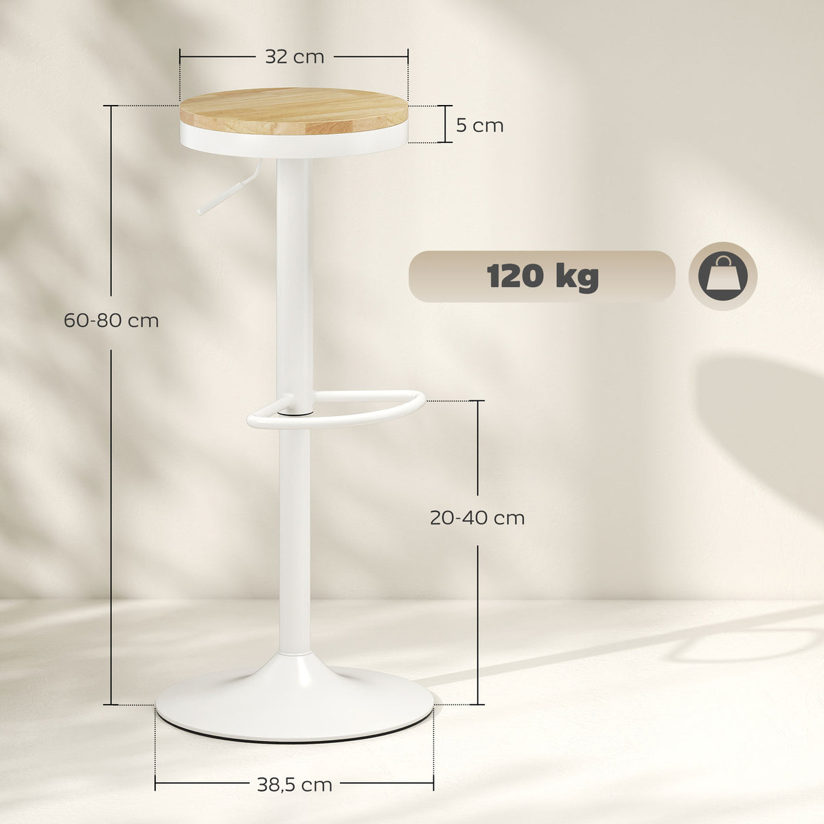 Barhocker 2er Set, Höhenverstellbar 360° Drehbar Barstuhl mit Stahlgestell Fußstütze 38,5x38,5x60-80 cm Naturholz+Weiß