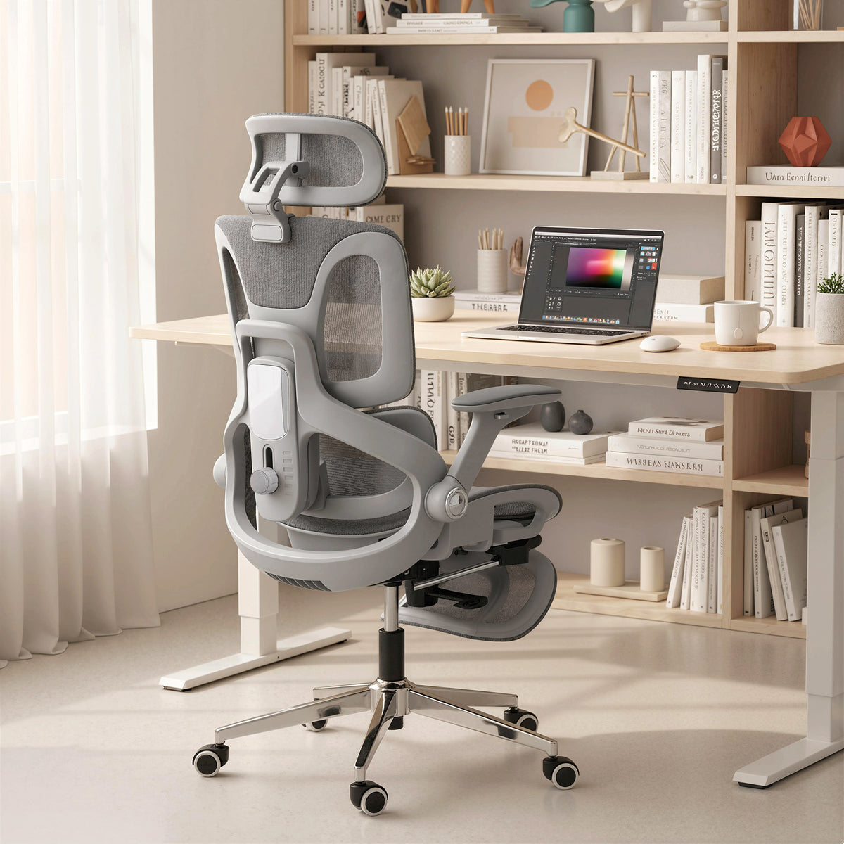 Ergonomischer Bürostuhl, Mesh-Computersessel mit separatem Rücken, Lendenstütze, 4D klappbare Armlehnen, Grau