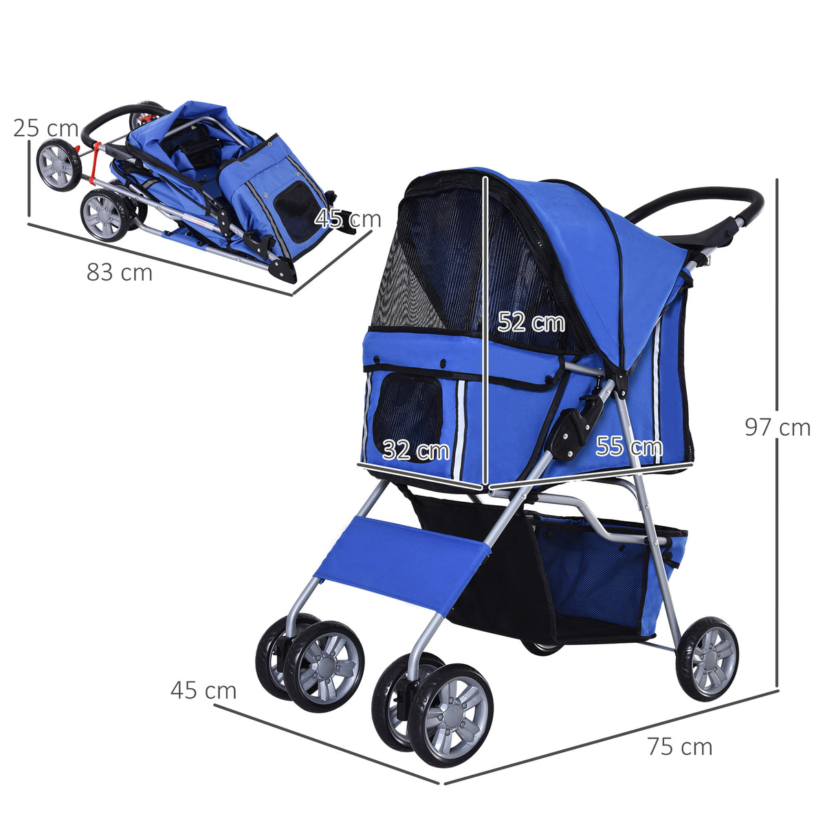  Pet Stroller for Small Miniature Dogs Cats Foldable Travel Carriage with Wheels Zipper Entry Cup Holder Storage Basket Blue