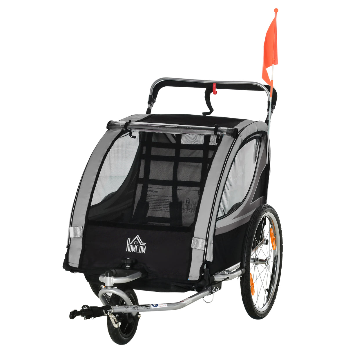 Kinderfahrradanhänger, Schiebewagen, mit Bremsen, klappbar, für 2 Kinder, Grau/Schwarz