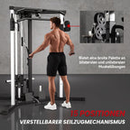 Kraftstation Fitnessstation mit Latzug, Klimmzugstange Curl-/Ruderstange Griffe, 15-fach verstellbar