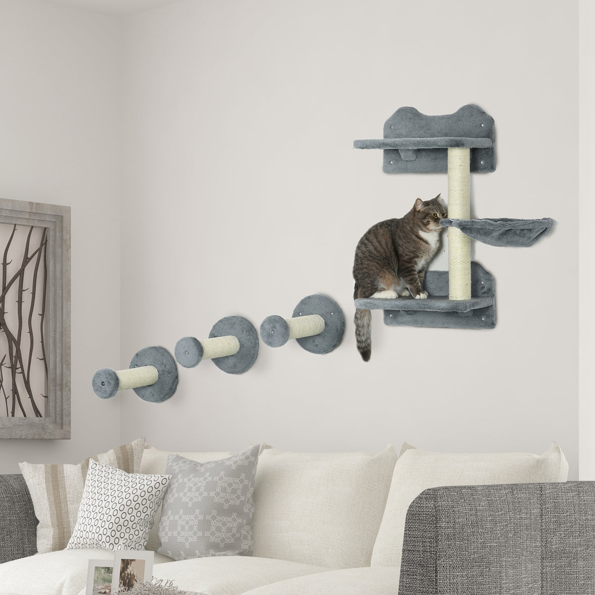 4 Piece Cat Shelf with Scratching Post, Wall-Mounted Cat Tree for Indoor Cat - Grey
