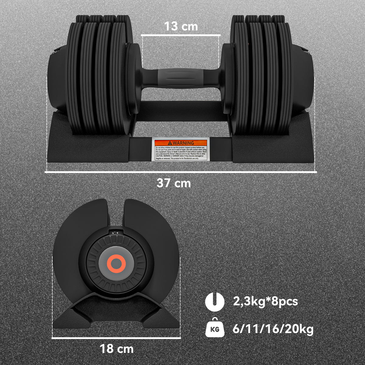 Adjustable Dumbbells Set, 4-in-1 Weights Set with Storage Tray, Non-Slip Handle, 6kg, 11kg, 16kg, 20kg