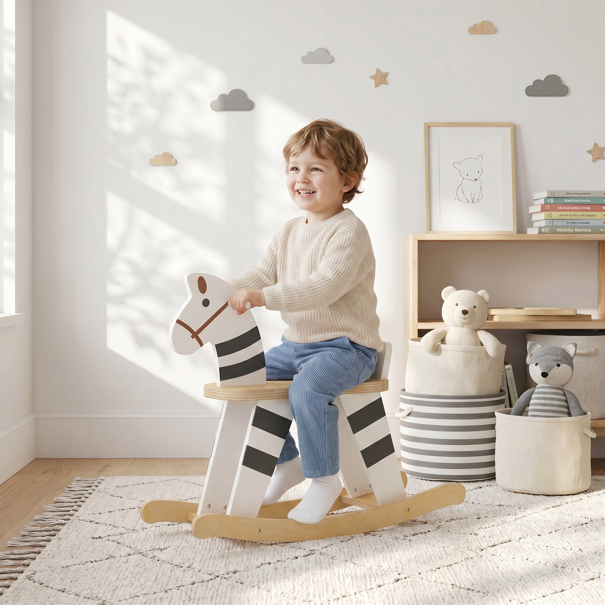 Schaukelpferd, Kinder Schaukeltier mit Haltegriffen Rückenlehne im Ponyform für Kinder von 1,5–3 Jahren Schwarz+Weiß