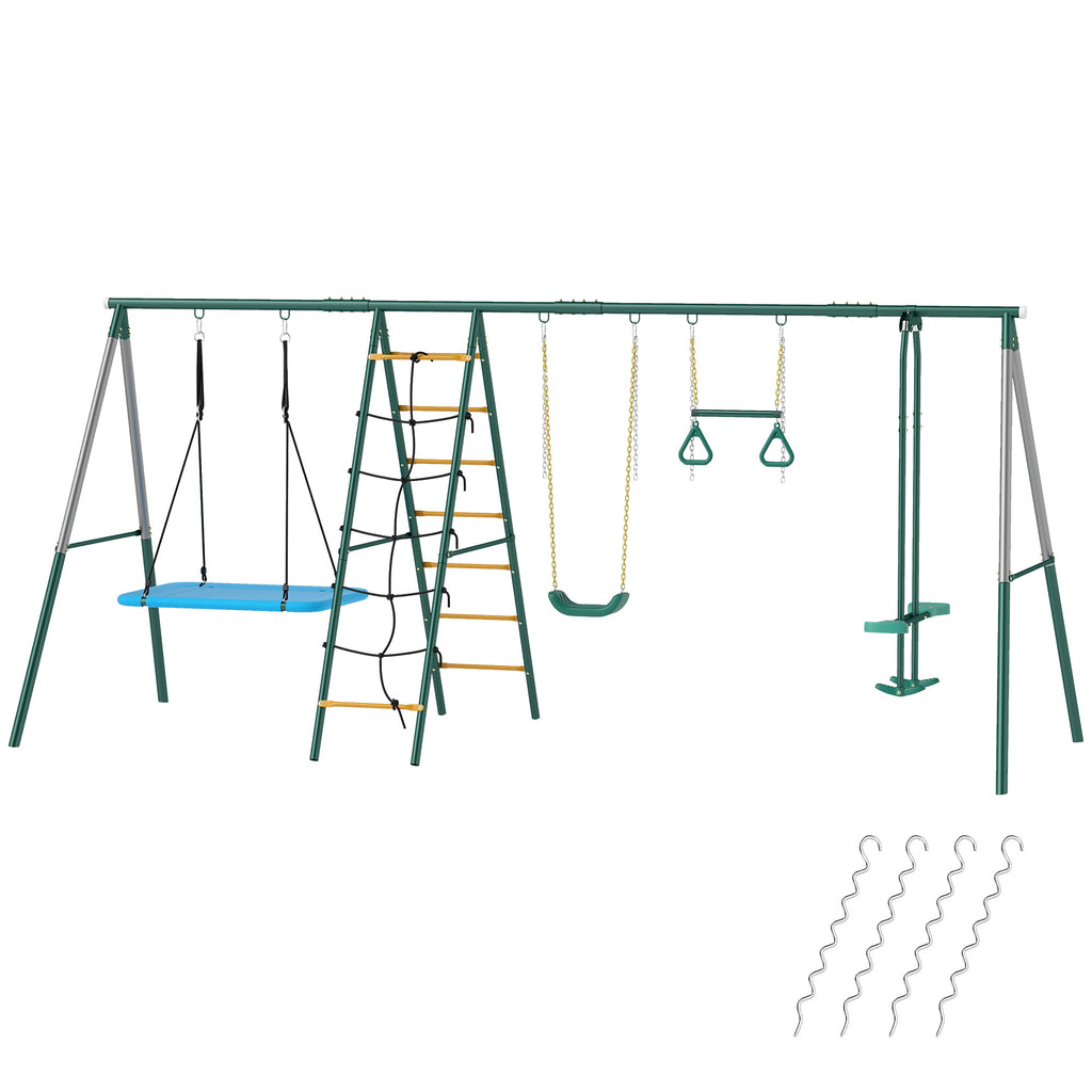 5-in-1 Schaukelgestell mit verstellbarer Nestschaukel Turnringe Doppelsitzer Klettergerüst für 3-8 Jahre 440x175x203 cm